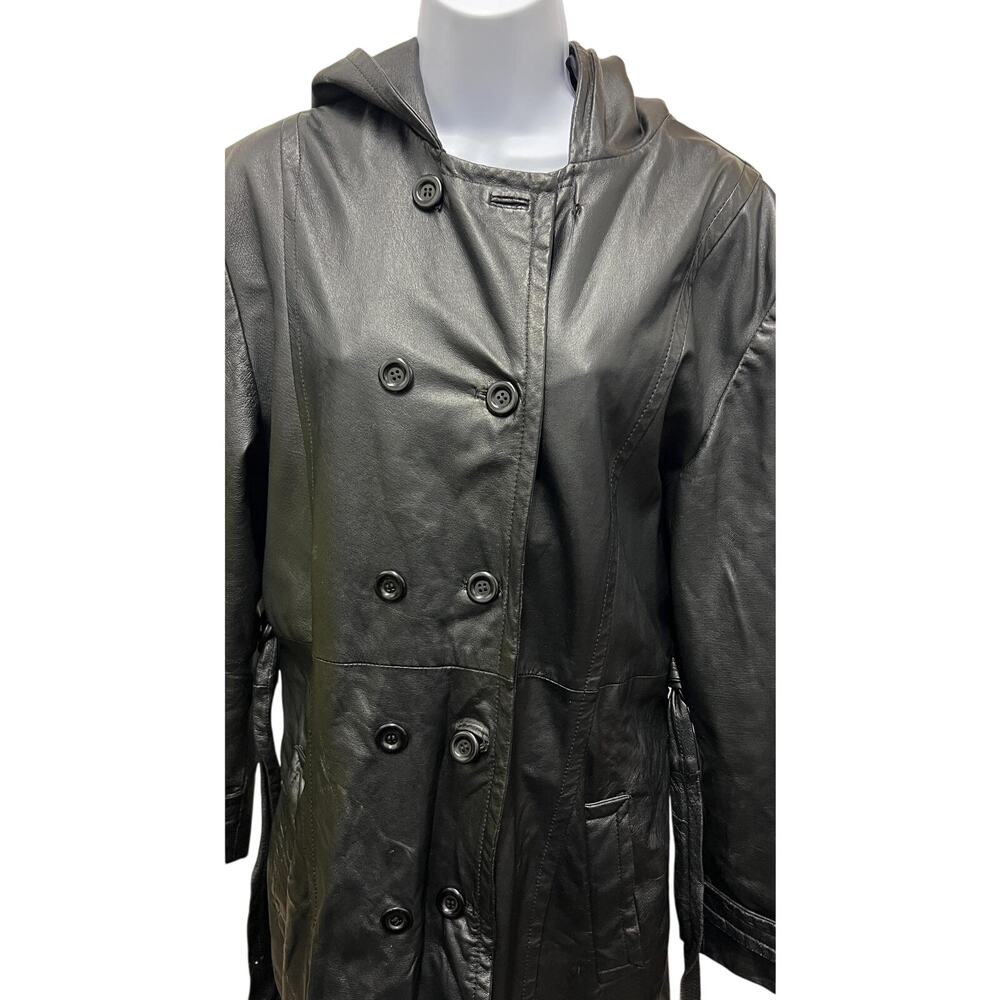 Vintage 90s Giorgio Sant'Angelo Black Hooded Belted Y2K Leather Trench Coat M - Picture 2 of 4